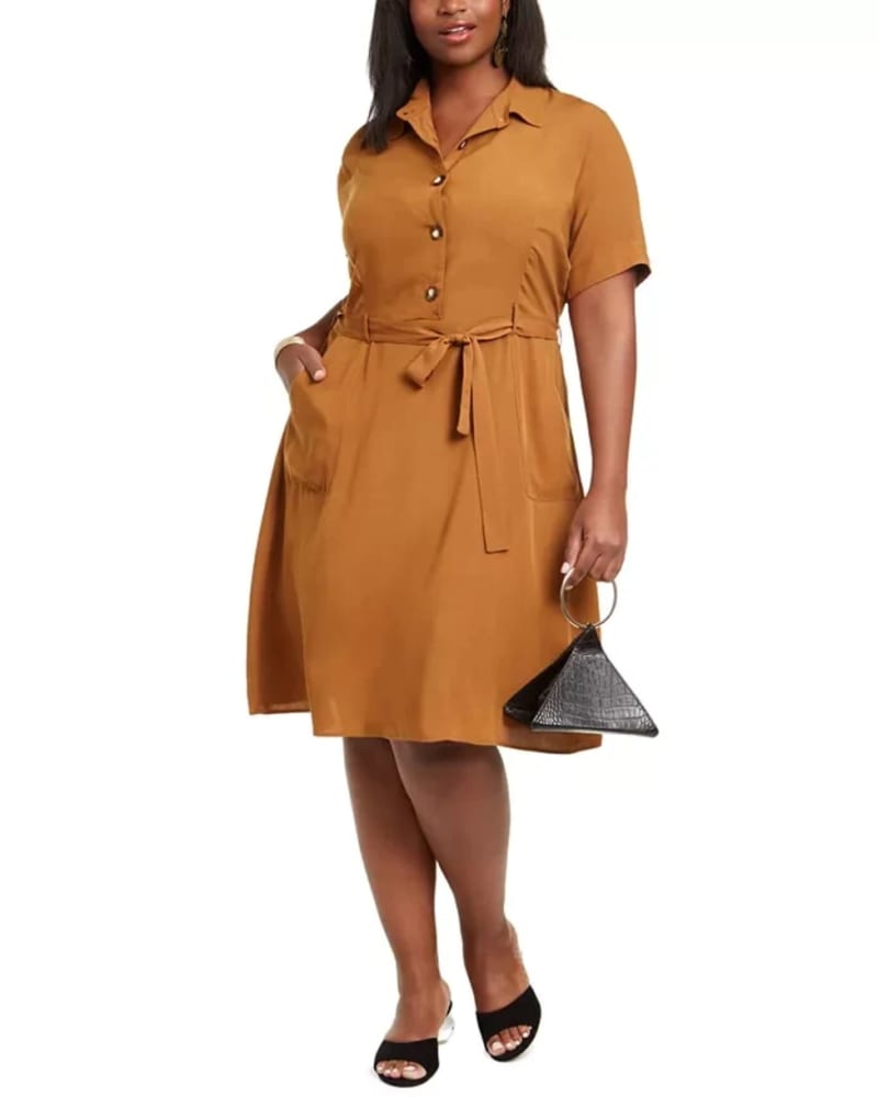 Front of a model wearing a size 2X Monteau Trendy Women's Plus Size Midi Shirtdress Brown Size 2X in Brown by Monteau. | dia_product_style_image_id:313362